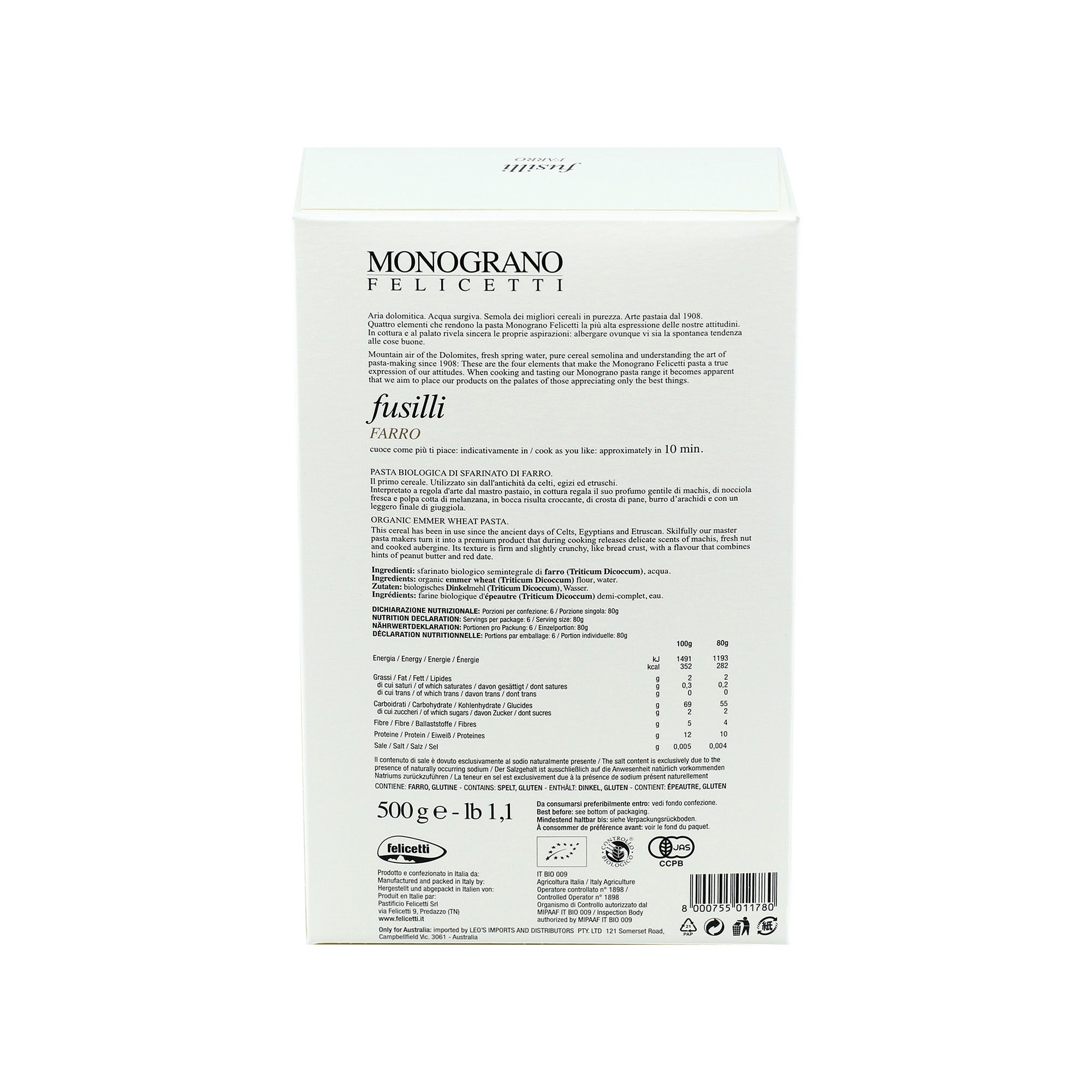 Monograno Felicetti Farro Fusilli Organic Dry Pasta - Aster Premium