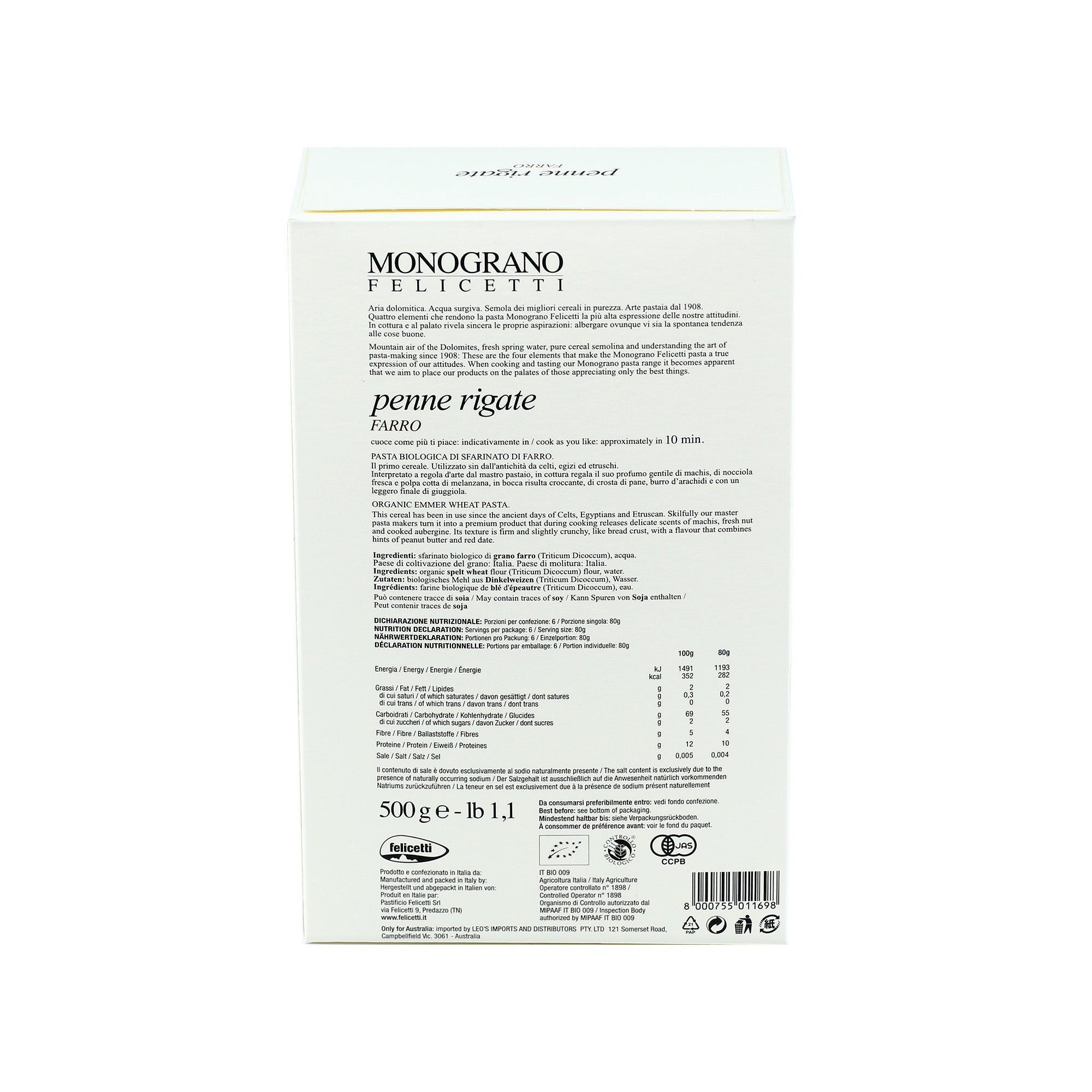 Monograno Felicetti Farro Penne Rigate Organic Dry Pasta 500g (17.6oz)