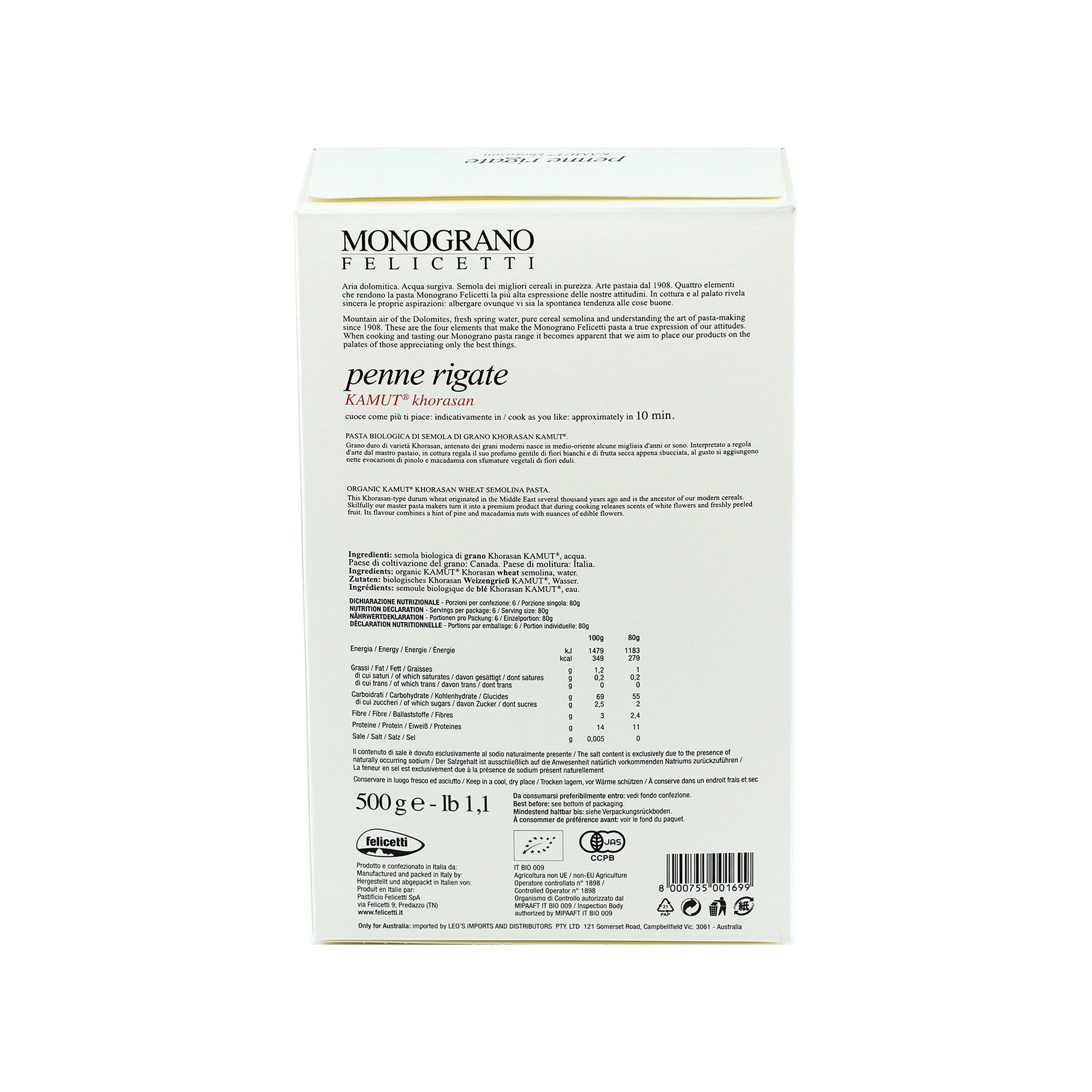 Monograno Felicetti Kamut Khorasan Penne Rigate Organic Pasta (17.6oz) - Aster Premium