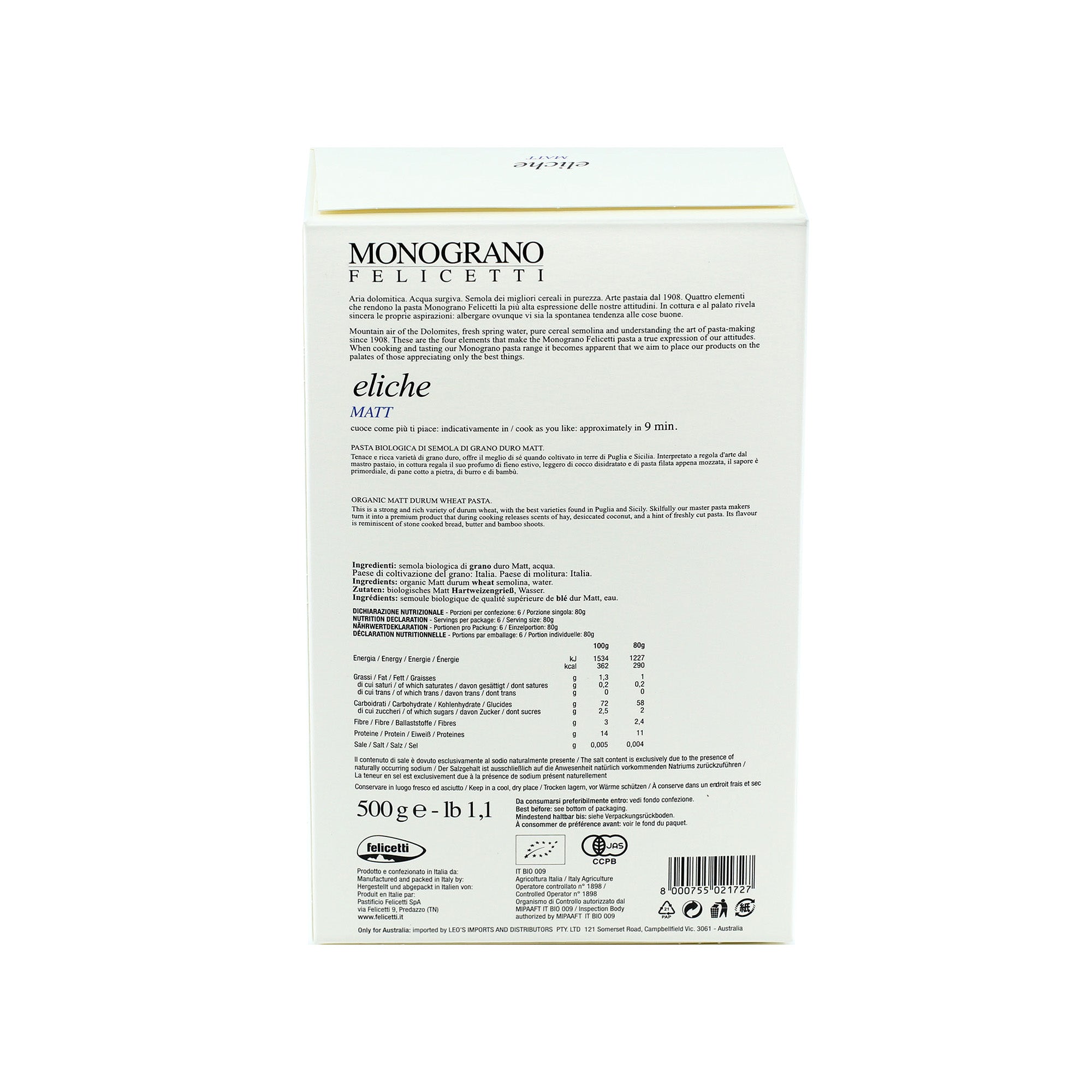Monograno Felicetti Matt  Organic Eliche Pasta 500g (17.6oz)