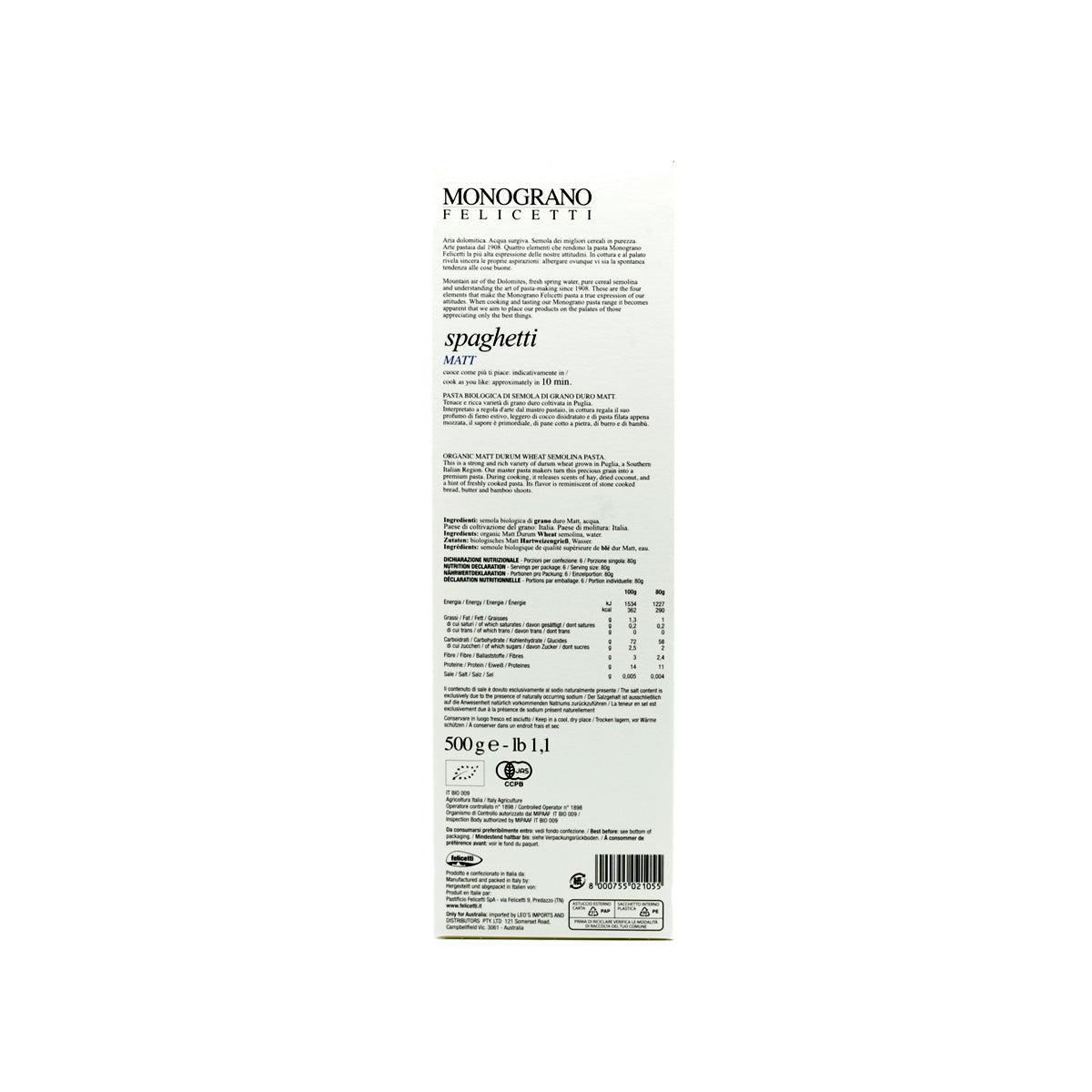 Monograno Felicetti Matt Spaghetti Organic Pasta 500g (17.6oz)